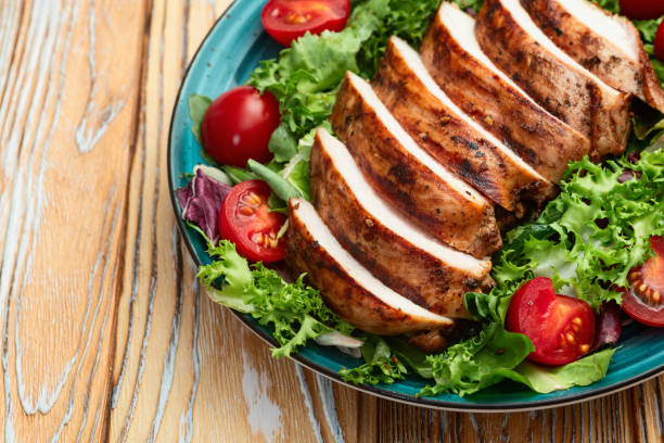 istock Grilled chicken breast ( fillet ) with lattuce salad and cherry tomatoes . Top view 2184627961