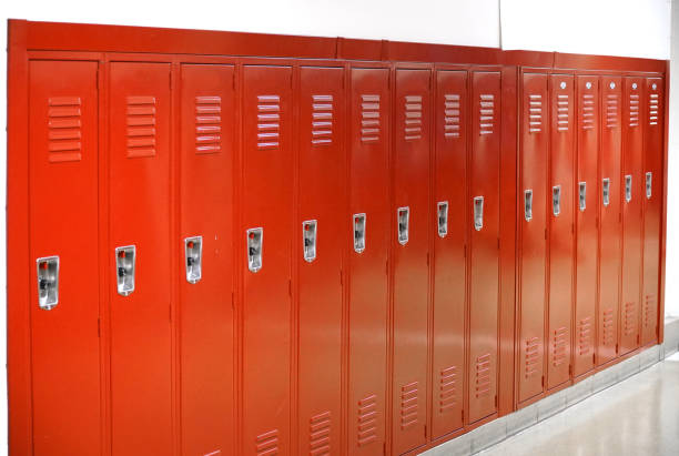 istock close up on red lockers in gym 2184632697