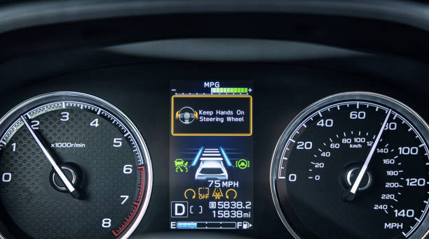 "Keep Hands On Steering Wheel" Dashboard Warning Displayed in Car Traveling 75 MPH stock photo