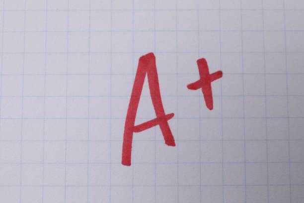 istock School grade. Red letter A with plus symbol on notebook paper, top view 2184640674
