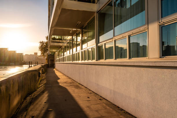View of a Thames riverside path at sunset