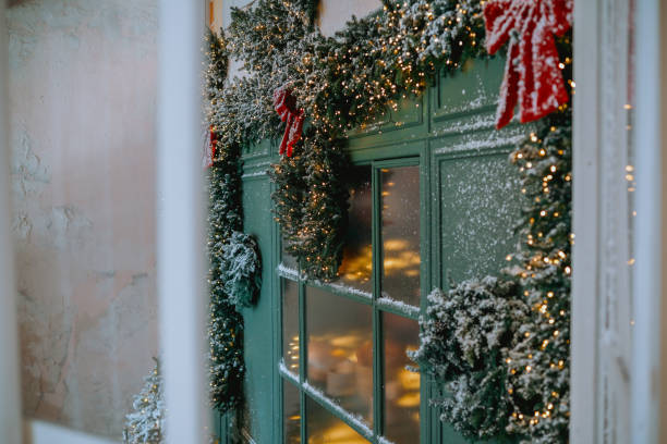 istock Cozy winter vibe with festive pine garlands and bows 2184646850
