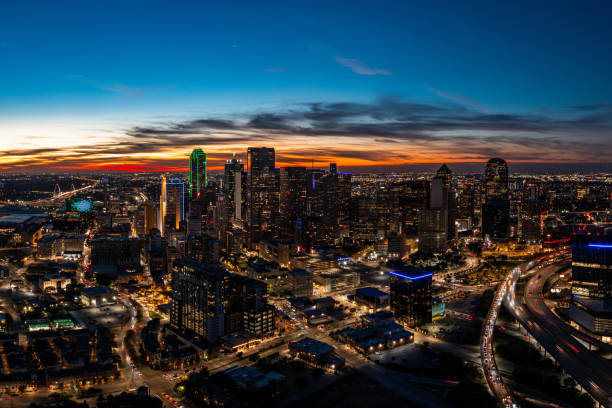 istock Aerial Drone photo over downtown Dallas, Texas at Night 2184650162
