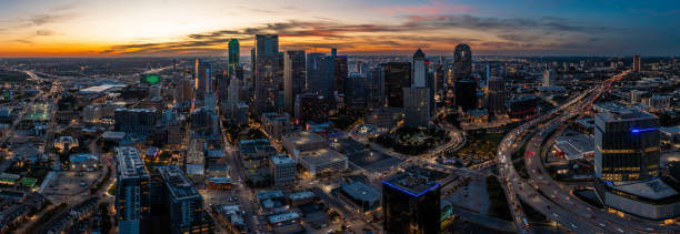 istock Panoramic Aerial Drone photo over downtown Dallas, Texas at Night 2184650220