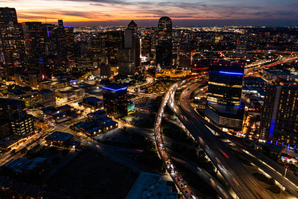 istock Aerial Drone photo over downtown Dallas, Texas at Night 2184651087