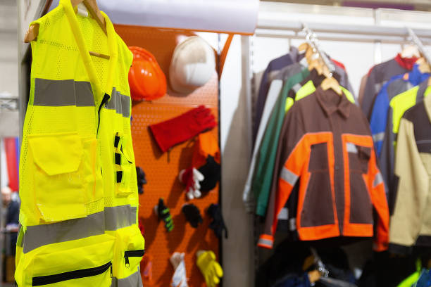istock Special protective, work clothes, various jackets for builders in the store 2184657535