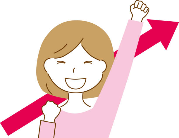 ilustraciones, imágenes clip art, dibujos animados e iconos de stock de gattsu pōzu o suru josei to uwamuki yajirushi - siguiente nivel expresión