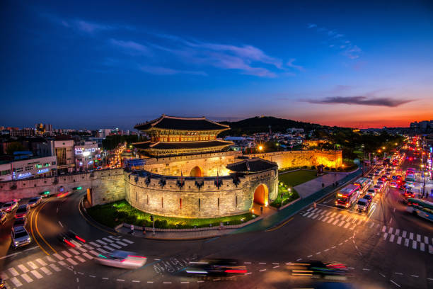 Night cityscape Hwaseong fortress in night Suwon South Korea. aerial view of seoul south korea capital city stock pictures, royalty-free photos & images