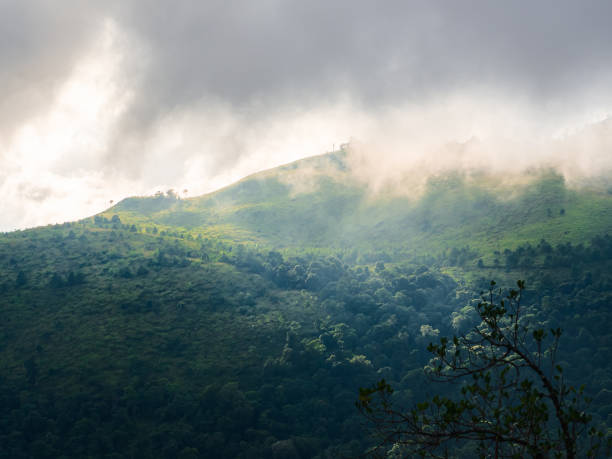istock Beautiful sunset on misty mountains with soft light filtering through the clouds. 2184664826