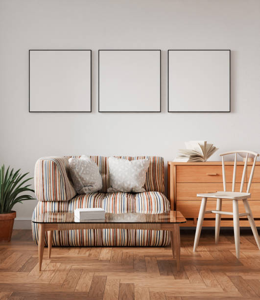 istock Interior living room mockup frame, equilateral square frame, three sets poster empty in home design, interior design element mockup, blank frame 3d render 2184664947