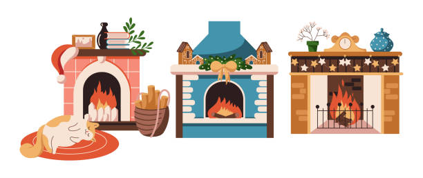Burning fireplaces with decorations vector objects set Burning fireplaces with Christmas decorations flat color vector objects set. Cute cat on rug enjoys home warmth illustrations bundle on white christmas home fireplace stock illustrations