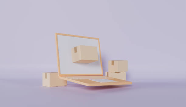 istock Laptop sign with parcel box for online product reviews feedback 3d render concept 2184680881