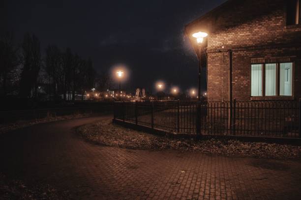 A quiet, dimly lit street scene at night with glowing street lamps and a brick house, creating a serene urban atmosphere.