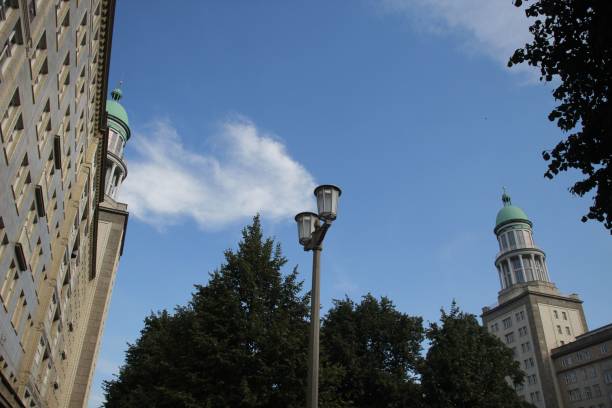 Urban architecture featuring two domed towers against a clear blue sky, framed by trees and a streetlamp.