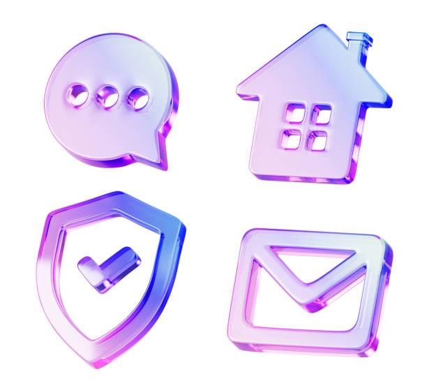 istock 3d set of glass holographic transparent ui icon. Render crystal gradient symbols of email envelope, shield with tick sign, home and speech bubble for business, app and web design 2184691792