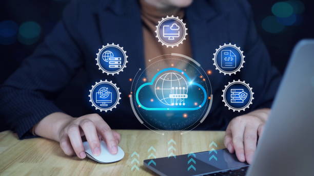 istock woman typing on laptop, cloud service hologram and devices sync Typing on Laptop with Holographic Cloud Sync Devices in Futuristic City Nightscape. 2184694477