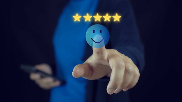 istock Customer service Satisfaction concept Business woman suit touching virtual screen five star satisfaction service rating very impressed. 2184694578