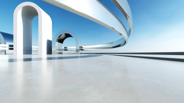 istock 3d render of white arch futuristic architecture, abstract wavy structure with empty concrete floor 2184697885