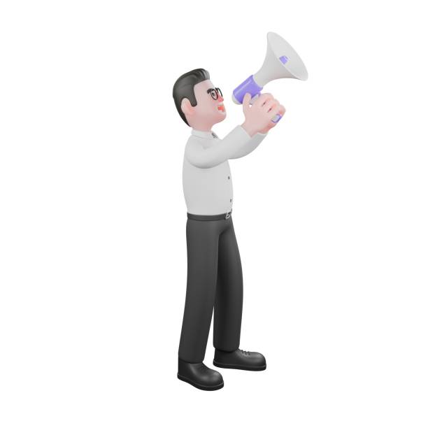 istock 3D Filmmaker Model. A male producer is standing while carrying a loudspeaker pointing upwards. Cartoon Style 2184698524