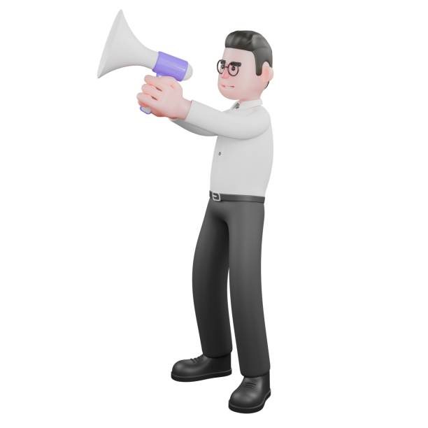 istock Creative Filmmaker Cartoon. A male producer is standing facing left while both hands are carrying a loudspeaker. 3D Model 2184698668