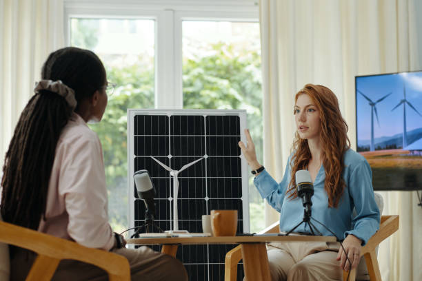 istock Woman Telling About Solar Panel To Journalist 2184699970