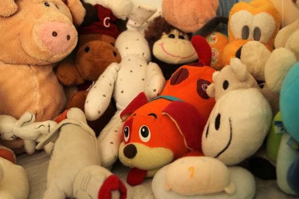 istock Colorful soft toys from top view 2184702398