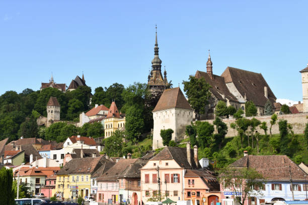 istock The Sighisoara Skyline with Clock Tower and Colourful Buildings 2184707199