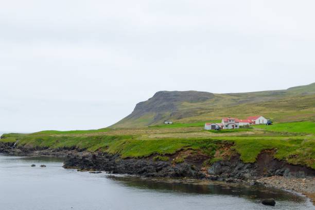 istock Coastal farm with red-roofed buildings in Iceland. 2184709630
