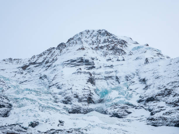 In the breathtaking Eiger Mountain Region of the Swiss Alps, this photograph captures a majestic snow-covered peak adorned with a prominent glacier. The glacier, with its striking blue ice, flows down the mountainside, creating a dynamic and captivating visual element. The rugged terrain surrounding the glacier highlights the natural beauty and dramatic landscape of the region. The clear, pale blue sky above adds a sense of serenity and grandeur to the scene. The overall composition is perfectly balanced, drawing the viewer's eye from the snow-covered peak to the contrasting blue ice of the glacier. The crisp, vivid colors and sharp details create a visually captivating image, inviting viewers to appreciate the awe-inspiring scenery of the Swiss Alps. The serene and remote setting captures the tranquil and awe-inspiring essence of the Eiger Mountain Region. There is ample copy space in the sky and the glacier-covered mountain slope, allowing for potential text placement without disrupting the main subjects. This photograph beautifully captures the dynamic interplay between snow, ice, and rock, showcasing the breathtaking scenery of the Eiger Mountain Region.