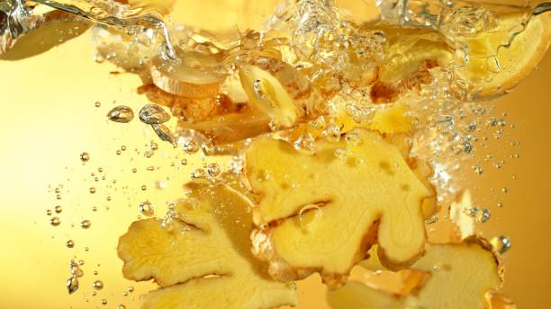 Freeze Motion of Ginger Slices Falling into Water.