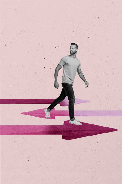 istock Vertical photo collage of happy guy run arrow development path direction success promotion aim isolated on painted background 2184715377