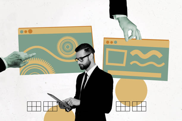 istock Composite photo collage of serious businessman type ereader freelancer webpage graph icon development gear isolated on painted background 2184715416