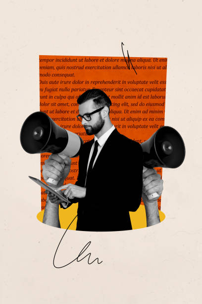 istock Vertical poster collage young businessman loudspeaker announce information text book literature page activist protest drawing background 2184715441