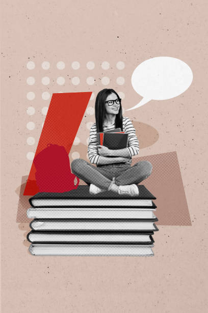 istock Vertical photo collage of happy nerd girl hold notepad bubble talk book stack education university learn isolated on painted background 2184715767
