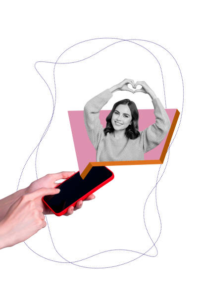istock Vertical creative composite photo collage of hand hold smartphone recieve like message from happy woman isolated on white color background 2184715780