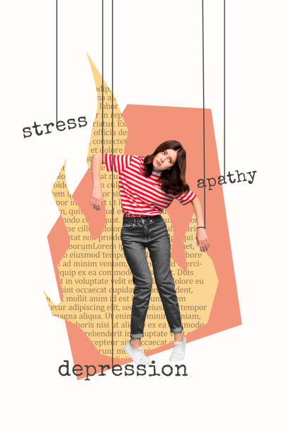 istock Creative 3D photo collage trend artwork template of young lady walk puppet thread line manipulation stress apathy depression fire book page 2184715841