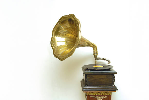 istock Antique gramophone with a stone record on it 2184717061