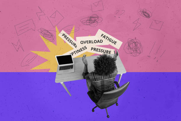 3D collage design composite trend artwork sketch of guy work office laptop sit armchair think overload fatigue burnout pressure emptiness