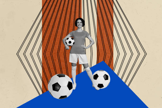 Composite trend artwork sketch image photo collage of sport exercise training young lady sportswear stand play football soccer hold ball.