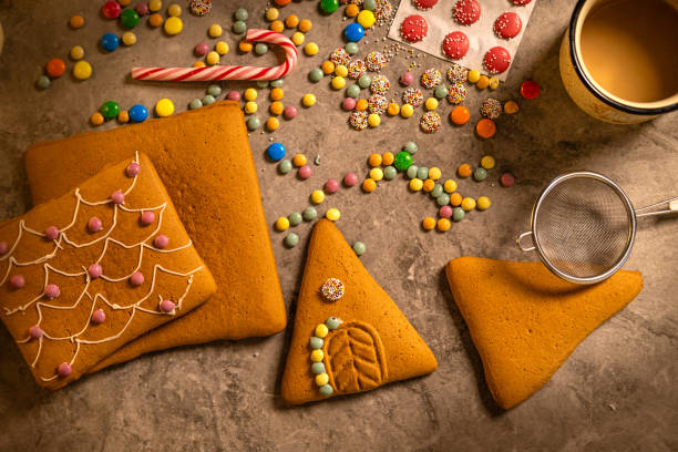 Christmas gingerbread cookie hanging on branch.