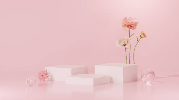 istock Background featuring an empty product display mockup with a pink backdrop and abstract geometric platforms designed for showcasing merchandise in landscape orientation. 2184719305