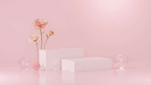 istock Background featuring an empty product display mockup with a pink backdrop and abstract geometric platforms designed for showcasing merchandise in landscape orientation. 2184719306