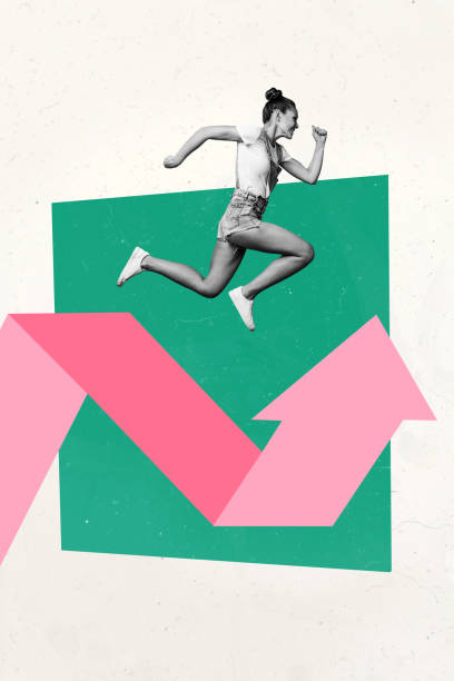 istock Vertical photo collage of happy girl run promotion arrow development path pointer speed success isolated on painted background 2184719457