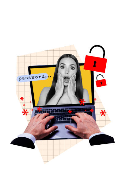 istock Vertical photo collage of shocked girl inside laptop device password code lock private information secret isolated on painted background 2184719538