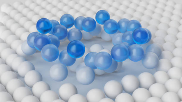 istock 3d render, abstract background of white and blue balls. Close-up of microscopic spherical particles, irregular atomic structure. Visual metaphor of deviation and anomaly 2184720554