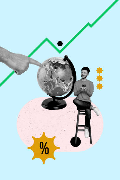 istock Composite trend artwork sketch image photo collage of hand finger point globe earth map graphics stats student young guy sit smartphone 2184720597