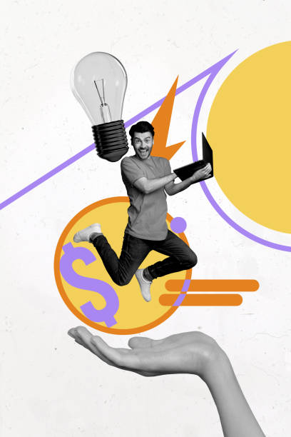 istock Composite trend artwork sketch image photo collage of young man smile work laptop creative hand hold idea lamp brainstorming dollar money 2184720616