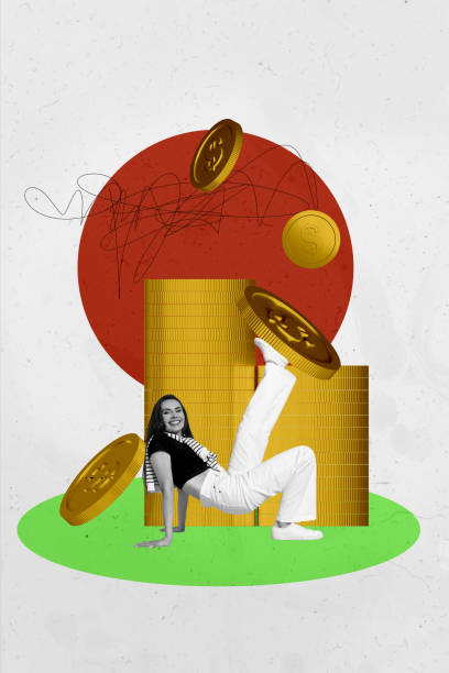 istock Composite 3D collage trend artwork template design of young lady dance success rich moving coins money golden earnings dollar budget 2184721037