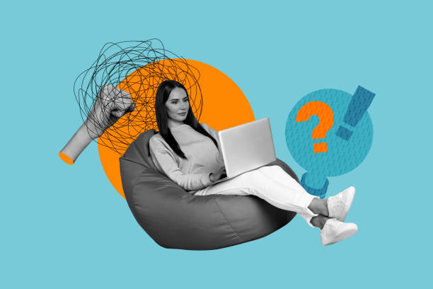 istock Composite trend artwork sketch image photo collage of young lady work laptop sit beanbag mind think hand gesture fist mess line idea lamp 2184721051