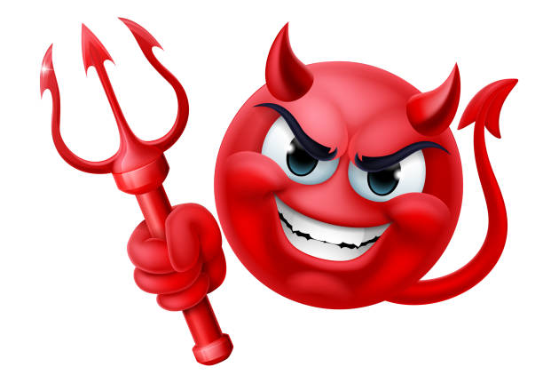 Devil Emoji Emoticon Man Face Cartoon Icon Mascot A red devil or satan emoji emoticon man face holding a trident, pitchfork or pitch fork cartoon icon mascot. cartoon of the devils pitch fork stock illustrations